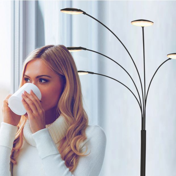 5-lichts vloerlamp Synna 1327ZW – Stijlvolle zwarte booglamp met LED en dimfunctie