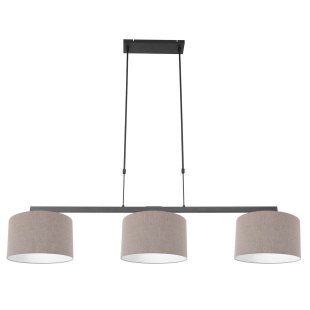 Black 3-light pendant lamp Stang 3462ZW with gray coarse linen shades