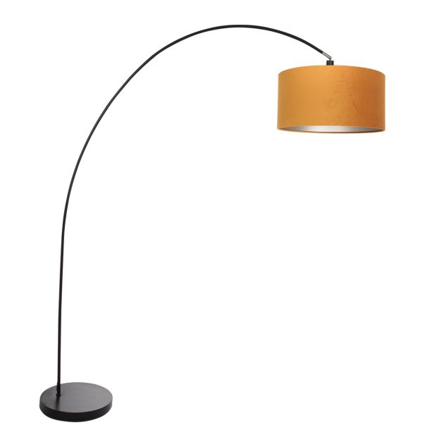 Bogenlampe Solva 3896ZW Schwarz mit goldfarbenem Samtlampenschirm