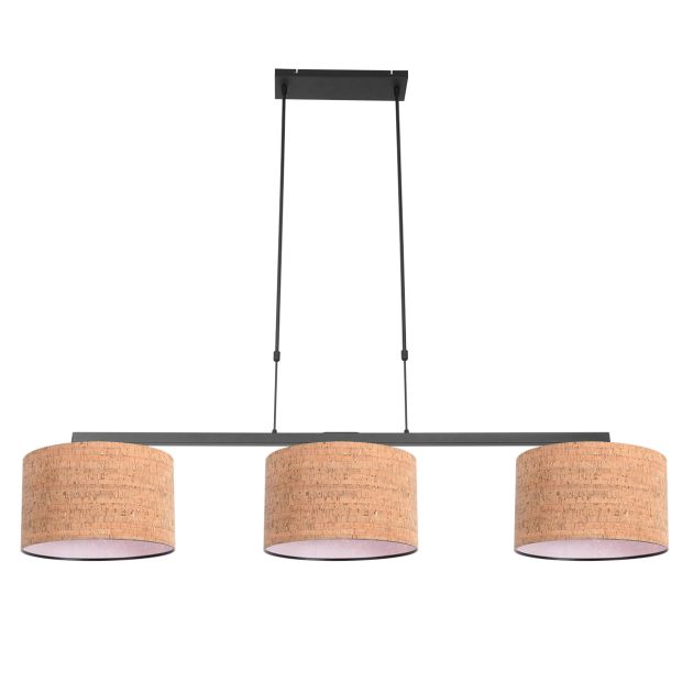 Suspension noire à 3 lumières Stang 4363ZW avec abat-jours en structure de liège beige