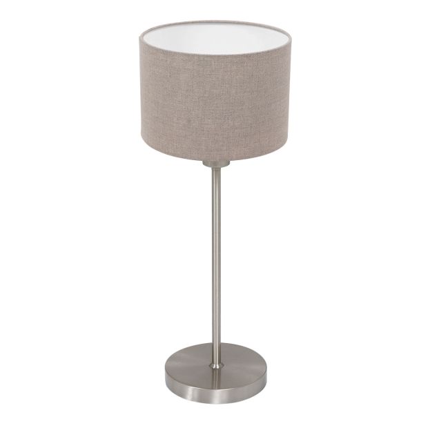 Tischlampe Noor 4415ST – Gebürsteter Stahl mit taupe Leinen-Schirm