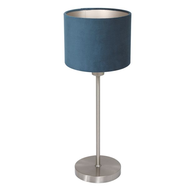 <table><tr><td>Tafellamp Noor 4417ST – Brushed Steel with Blue Velvet Shade</td></tr></table>