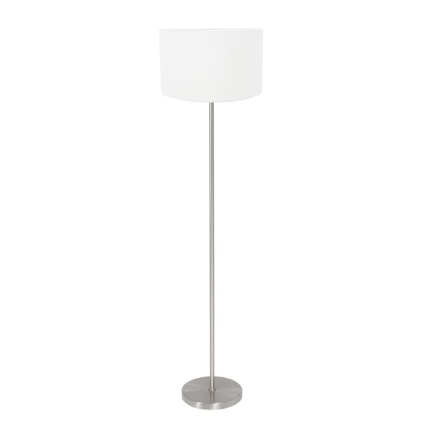 Stehlampe Noor 4432ST – Gebürsteter Stahl mit grobem weißen Leinen-Schirm