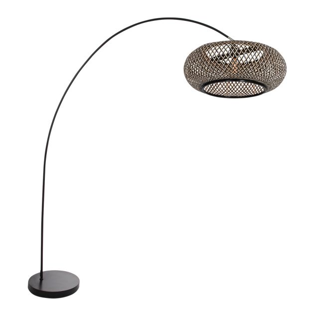 Booglampe Solva 4466ZW – Schwarze Bogengelenklampe mit natur-schwarzem Bambus-Schirm Ø60 cm