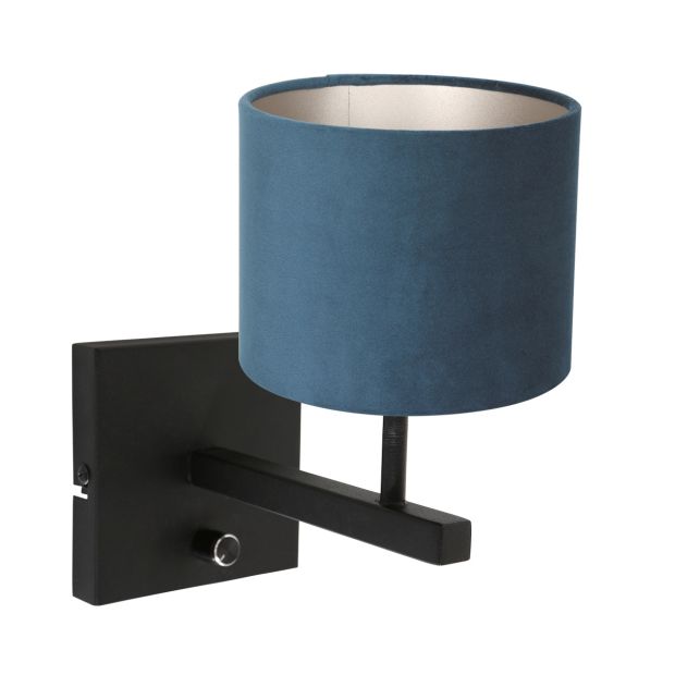 Zwarte wandlamp Stang 8251ZW met schakelaar en blauw velours stof kap