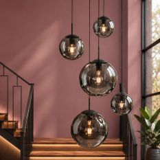 Hanglamp Bollique 2730ZW zwart 5 lichts met smoke glas - Zwart - Elektronica, Glas, Metaal - Steinhauer