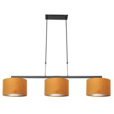Zwarte 3-lichts hanglamp Stang 3460ZW met goudkleurige velours kappen - Goud, Zwart - Metaal, Textiel - Steinhauer