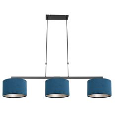 Zwarte 3-lichts hanglamp Stang 3464ZW met blauw velours kappen - Blauw, Zwart - Metaal, Textiel - Steinhauer