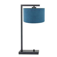 Zwarte tafellamp Stang 7124ZW met blauw velours kap - Blauw, Zwart - Metaal, Textiel - Steinhauer