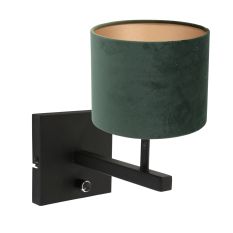 Zwarte wandlamp Stang 8174ZW met schakelaar en groen velours stof kap - Groen - Metaal, Textiel - Steinhauer