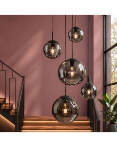 Hanglamp Bollique 2730ZW zwart 5 lichts met smoke glas - Zwart - Elektronica, Glas, Metaal - Steinhauer