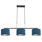 Zwarte 3-lichts hanglamp Stang 3464ZW met blauw velours kappen - Blauw, Zwart - Metaal, Textiel - Steinhauer