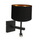 Zwarte wandlamp Stang 7193ZW met leeslamp en zwart linnen kap - Zwart - Metaal, Textiel - Steinhauer