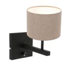 Zwarte wandlamp Stang 8172ZW met schakelaar en grijs linnen kap - Grijs - Metaal, Textiel - Steinhauer