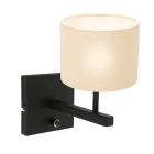 Zwarte wandlamp Stang 8173ZW met schakelaar en wit grof linnen kap - Wit - Metaal, Textiel - Steinhauer
