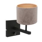 Zwarte wandlamp Stang 8175ZW met schakelaar en grijs velours stof kap - Grijs, Zwart - Metaal, Textiel - Steinhauer