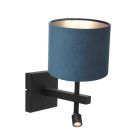Zwarte wandlamp Stang 8208ZW met leeslamp en blauw velours kap - Blauw, Zwart - Metaal, Textiel - Steinhauer