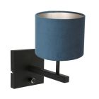 Zwarte wandlamp Stang 8251ZW met schakelaar en blauw velours stof kap - Blauw, Zwart - Metaal, Textiel - Steinhauer