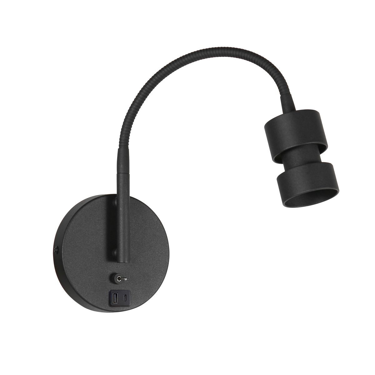 Upround 3517ZW wandlamp zwart met 2 x USB en flexibele arm