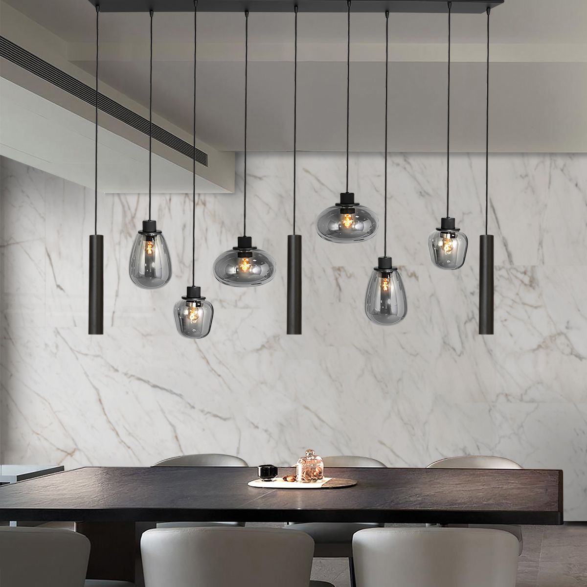 Hanglamp Reflexion 3796ZW zwarte 9 lichts lamp met smoke glas