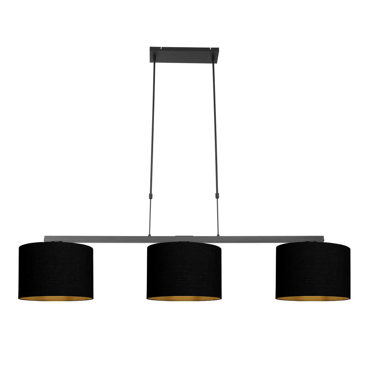 Zwarte 3-lichts hanglamp Stang 3981ZW met zwart linnen kappen met goudkleurige binnenkant