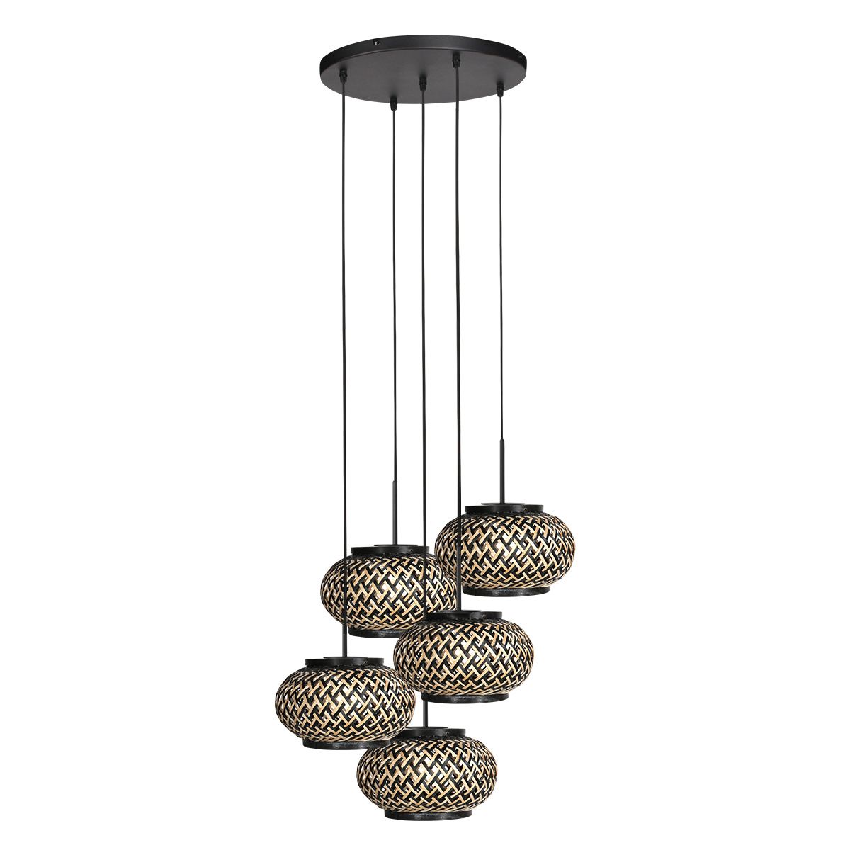 Nox Light 4523ZW – ronde hanglamp met 5 bamboe kapjes
