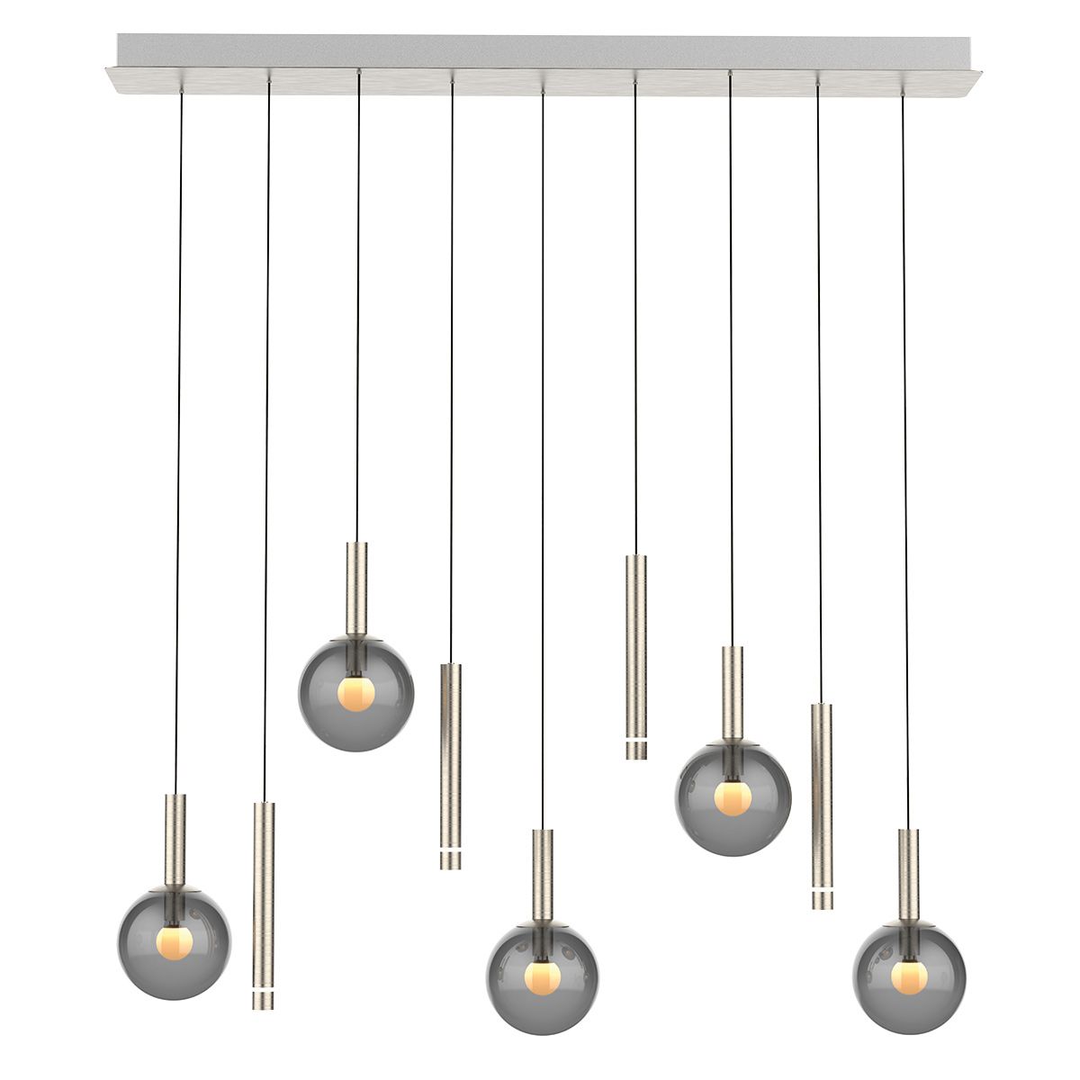 Stalen hanglamp Volari 4719ST, 9-lichts met smoke glas