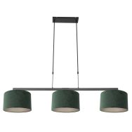 Zwarte 3-lichts hanglamp Stang 3463ZW met groen velours kappen - Groen - Metaal, Textiel - Steinhauer