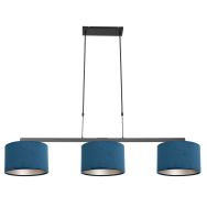 Zwarte 3-lichts hanglamp Stang 3464ZW met blauw velours kappen - Blauw, Zwart - Metaal, Textiel - Steinhauer
