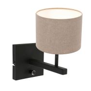 Zwarte wandlamp Stang 8172ZW met schakelaar en grijs linnen kap - Grijs - Metaal, Textiel - Steinhauer