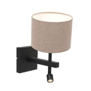 Zwarte wandlamp Stang 8203ZW met leeslamp en grijs linnen kap - Grijs - Metaal, Textiel - Steinhauer