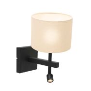 Zwarte wandlamp Stang 8204ZW met leeslamp en wit grof linnen kap - Zwart - Metaal, Textiel - Steinhauer