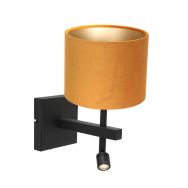 Zwarte wandlamp Stang 8207ZW met leeslamp en goud velours kap - Goud - Metaal, Textiel - Steinhauer
