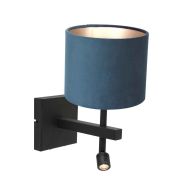 Zwarte wandlamp Stang 8208ZW met leeslamp en blauw velours kap - Blauw, Zwart - Metaal, Textiel - Steinhauer