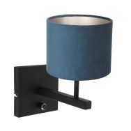 Zwarte wandlamp Stang 8251ZW met schakelaar en blauw velours stof kap - Blauw, Zwart - Metaal, Textiel - Steinhauer