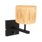 Schwarze Wandleuchte Stang 3710ZW mit Schalter und naturfarbenem Grasschirm