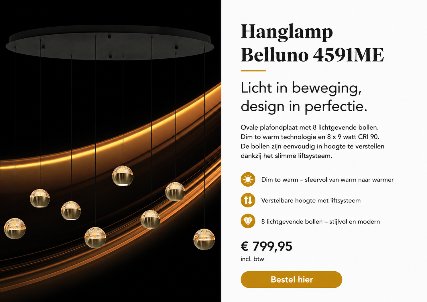 Hanglamp met 8 bollen op een zwarte achtergrond