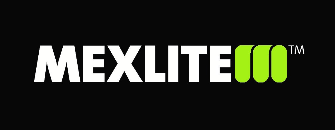 Mexlite logo zwart vlak met witte letters en een groene M