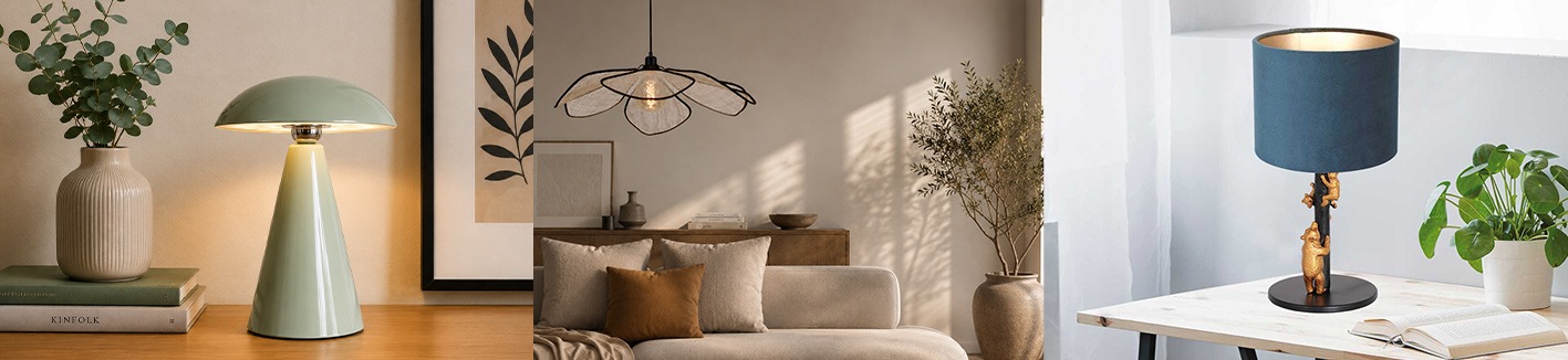 paddestoel lamp, bloemvormige hanglamp en lamp op dressoir met gouden details